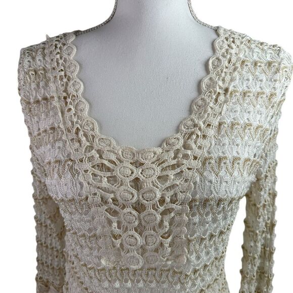 Solitaire Swim Coverup Size M Ivory Tan Gold Crocheted Long Sleeve Dress Beach - Picture 2 of 11